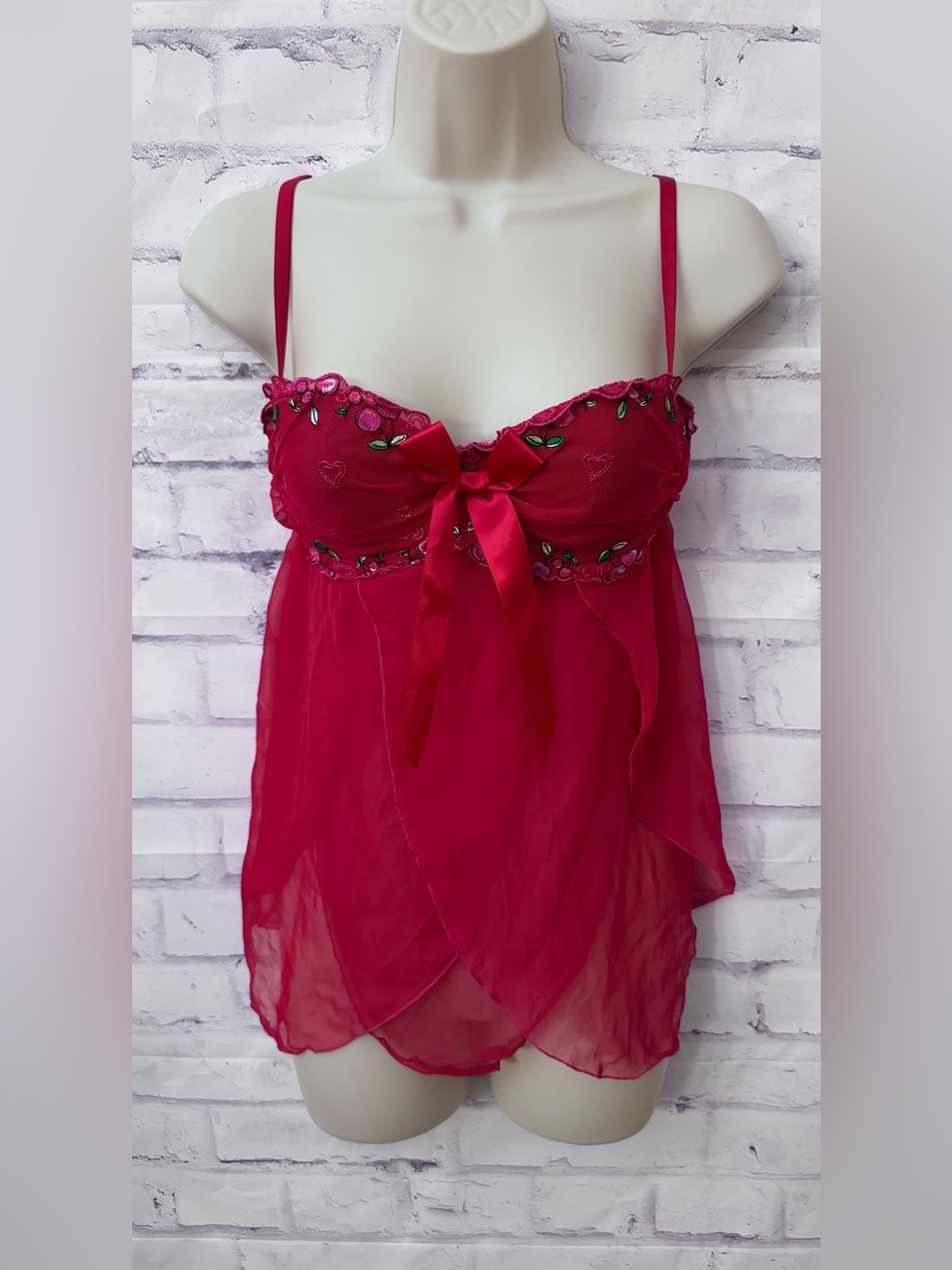 Y2K Victoria’s Secret Sexy Little Things‎ 34B Neglige Red Sheer Cherries Bow